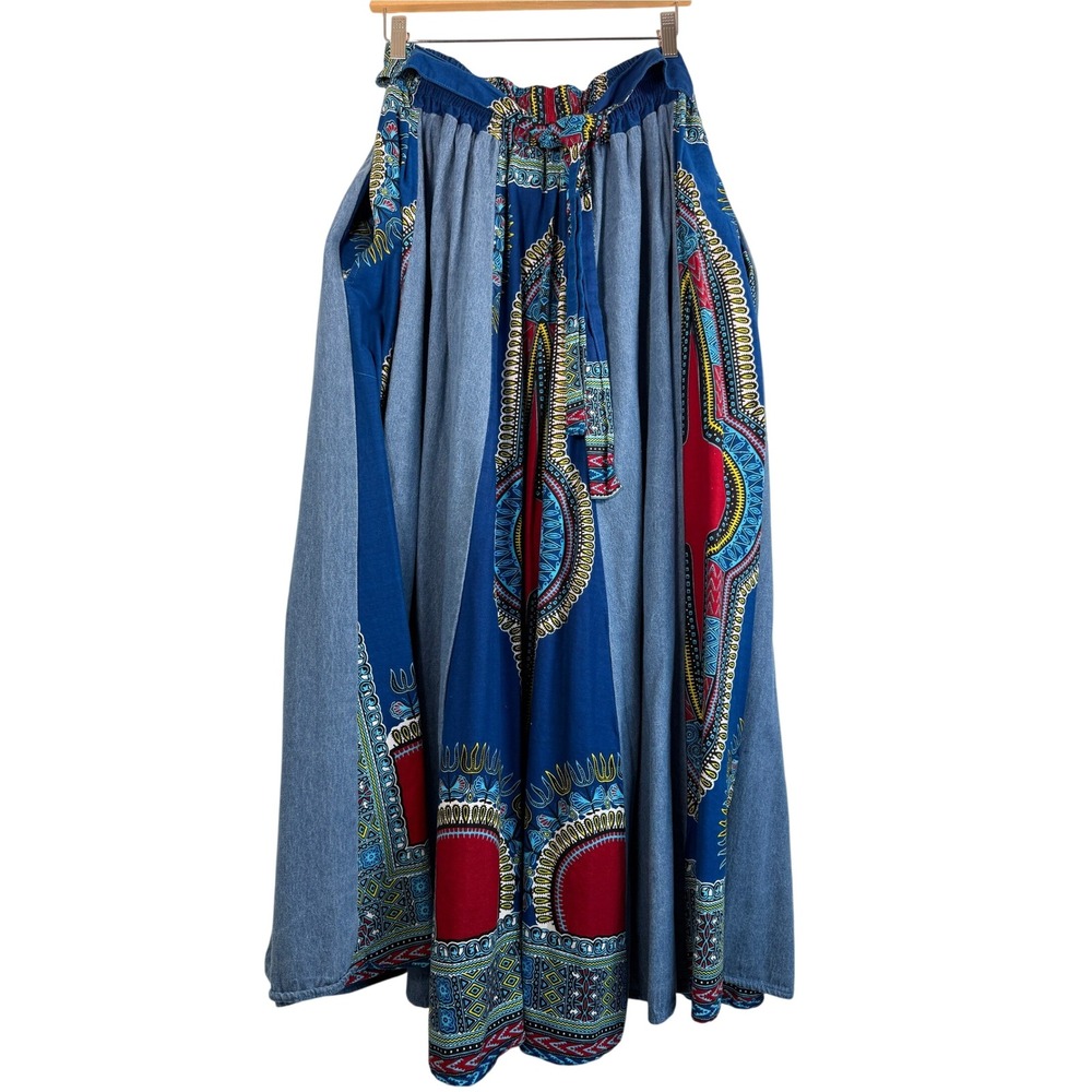 Dashiki Patchwork Denim Blue Tribal JF Skirt Womens Maxi Retro Boho Cotton EUC